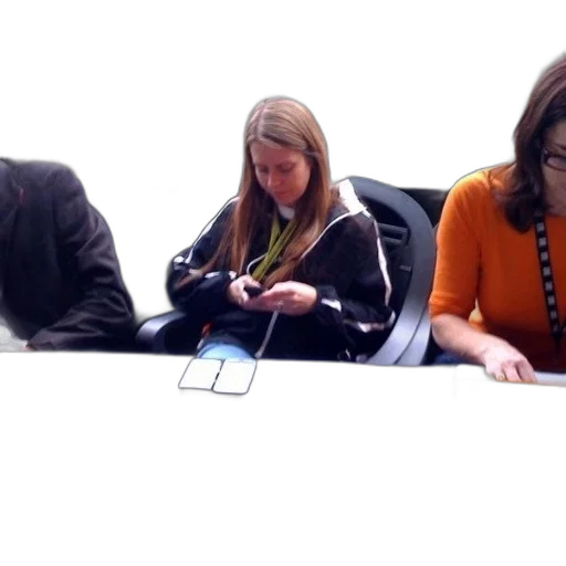 staff, woman, black, jacket, sits, table, laptop, cell transparent PNG cut-out