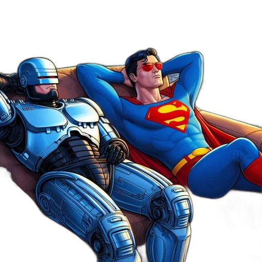 comic book art, concept art, blue, two, icons, robocop, superman, relax transparent PNG cut-out