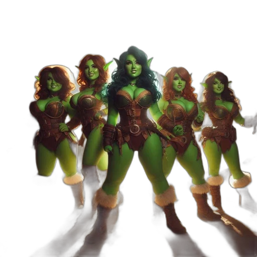 concept art, fantasy art, comic book art, 3d render, green, five, green-skinned, female transparent PNG cut-out