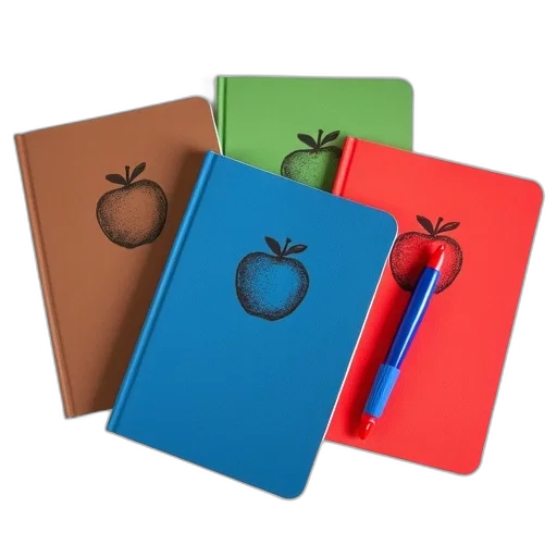 set, four, notebooks, different, colored, covers, blue, pen transparent PNG cut-out
