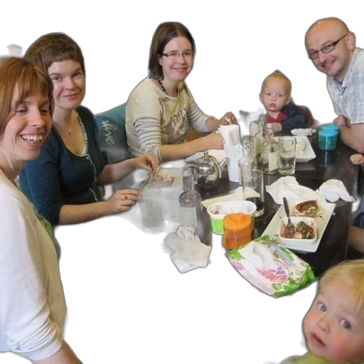 staff, group, people, sit, around, table, food, drinks transparent PNG cut-out