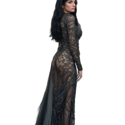 dress, concept art, fantasy art, dark, woman, stands, front, luxurious transparent PNG cut-out