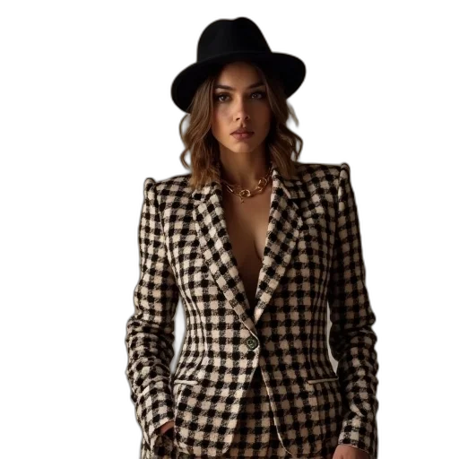 jacket, hat, dress, hounds, checkered, suit, styleonme transparent PNG cut-out