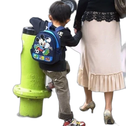 child, mickey, mouse, backpack, holds, hands, adult, near transparent PNG cut-out