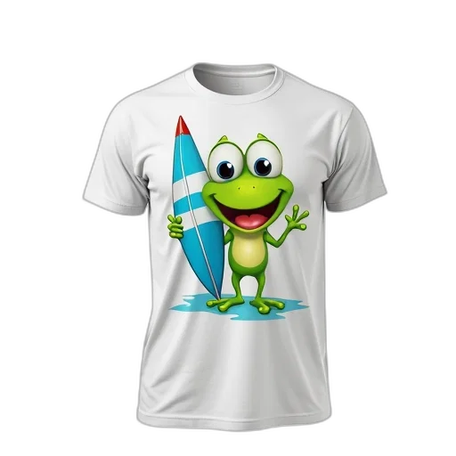 3d render, cartoon, white, t-shirt, frog, character, holding, sailboard transparent PNG cut-out