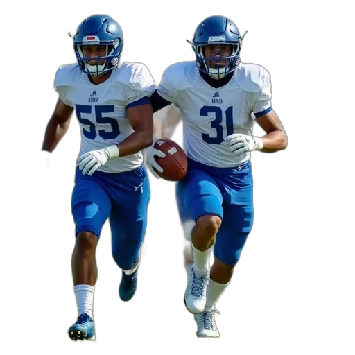 group, football, players, white, blue, uniforms, running, grassy transparent PNG cut-out
