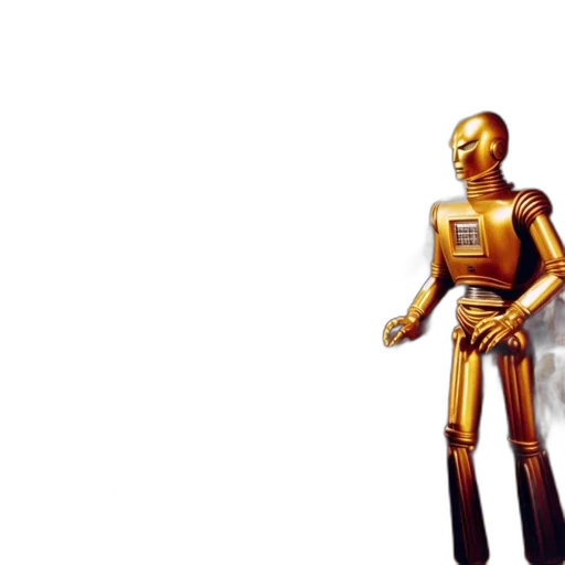 robot, staff, 3d render, concept art, pixel art, outer space, golden, rustic transparent PNG cut-out