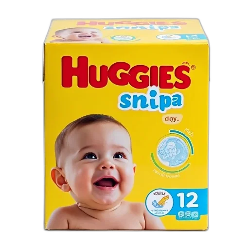 box, huggies, diapers, baby, face, front, yellow, red transparent PNG cut-out