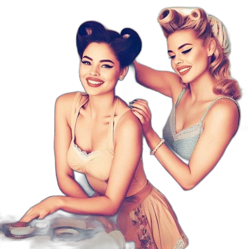 jewelry, cartoon, photorealistic, oil painting, concept art, two, women, 1950s transparent PNG cut-out