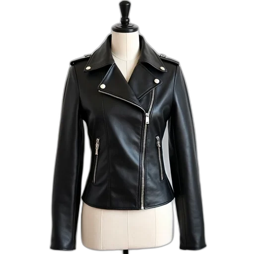 jacket, 3d render, black, leather, zipper, buttons, displayed, mannequin transparent PNG cut-out