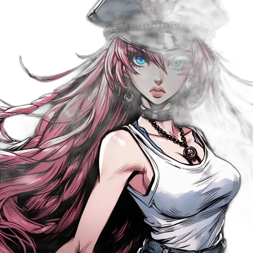 dress, hat, mask, weapon, anime, concept art, comic book art, cyberpunk transparent PNG cut-out