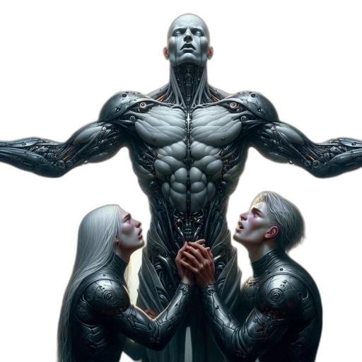 comic book art, concept art, massive, metallic, humanoid, figure, stands, atop transparent PNG cut-out