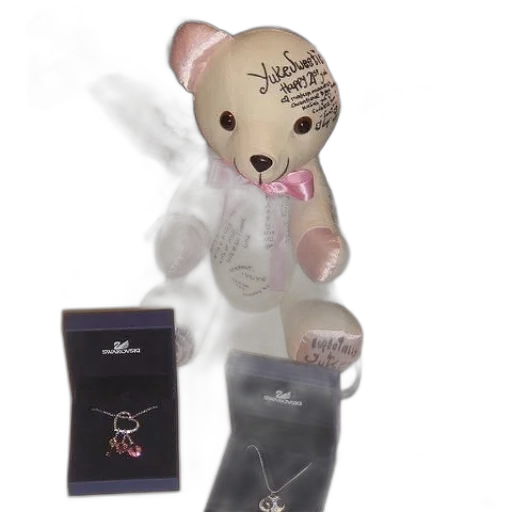 concept art, 3d render, teddy, bear, pink, ribbon, sits, table transparent PNG cut-out