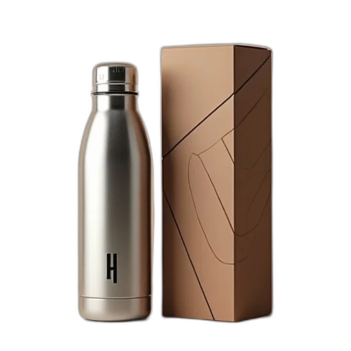 bottle, earth tones, silver, thermos, black, logo, side, placed transparent PNG cut-out