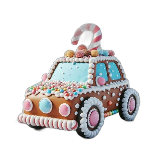 car, 3d render, playful, gingerbread, adorned, candies, stands, amidst transparent PNG cut-out