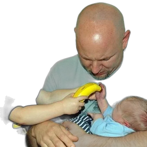 weapon, staff, bottle, photorealistic, man, holds, two, children transparent PNG cut-out