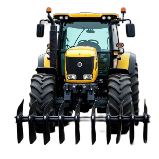 weapon, yellow, tractor, black, metal, plow, attached, front transparent PNG cut-out