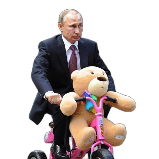 man, suit, rides, small, pink, bicycle, large, teddy transparent PNG cut-out
