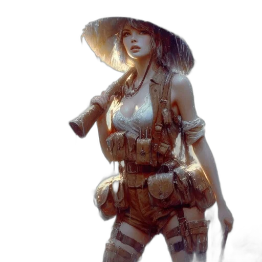 weapon, hat, staff, dress, concept art, fantasy art, comic book art, cyberpunk transparent PNG cut-out
