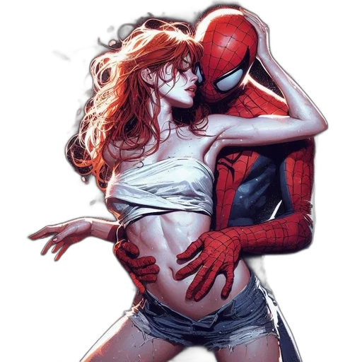 comic book art, concept art, fantasy art, red, spider-man, embraces, woman, long transparent PNG cut-out