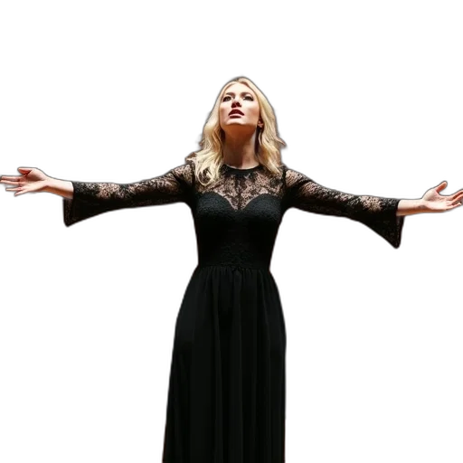 dress, woman, blonde, hair, standing, front, piano, wearing transparent PNG cut-out