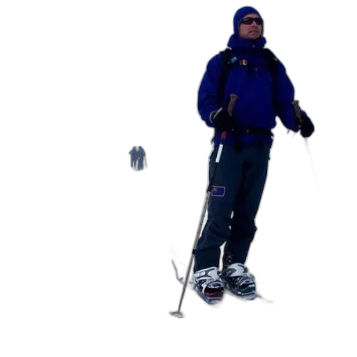 staff, 3d render, snow, skier, blue, jacket, sunglasses, stands transparent PNG cut-out