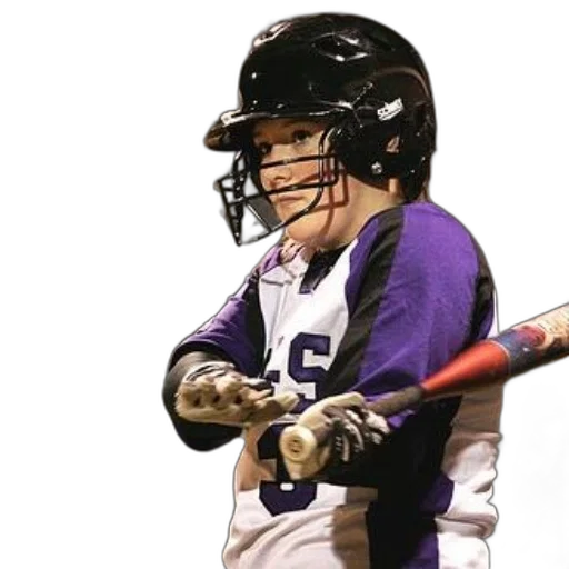 female, softball, player, purple, white, uniform, holds, bat transparent PNG cut-out