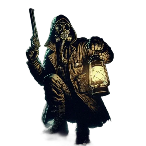 jacket, mask, staff, weapon, concept art, pixel art, comic book art, fantasy art transparent PNG cut-out