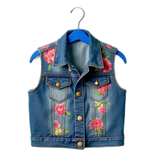 jacket, floral, patterned, denim, vest, zipper, buttons, hangs transparent PNG cut-out