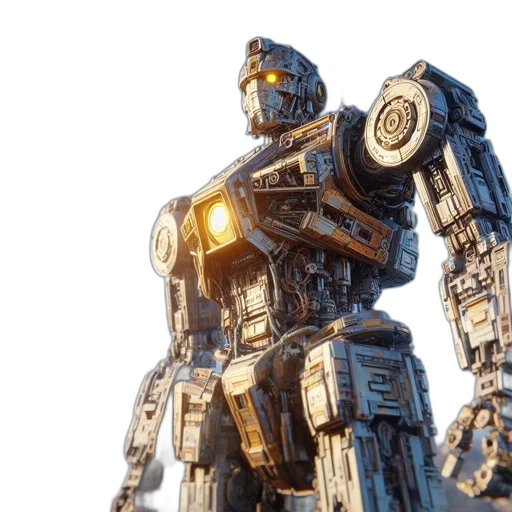 robot, weapon, concept art, 3d render, imposing, metallic, stands, tall transparent PNG cut-out