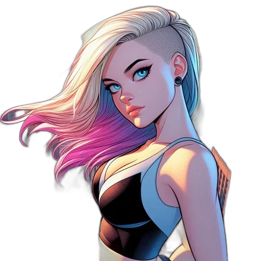hair, face, comic book art, cartoon, concept art, fantasy art, neon lights, neon transparent PNG cut-out