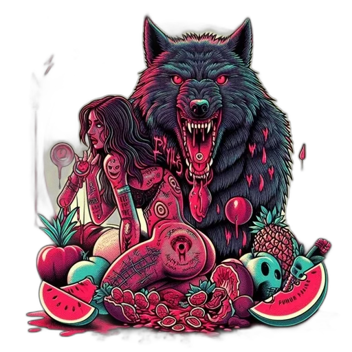 food, creature, fantasy art, concept art, pixel art, comic book art, red, dark transparent PNG cut-out