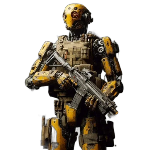 robot, weapon, concept art, 3d render, pixel art, cyberpunk, golden, yellow transparent PNG cut-out