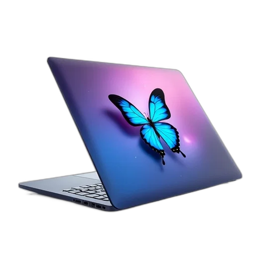 3d render, photorealistic, sleek, modern, laptop, blue, purple, butterfly transparent PNG cut-out