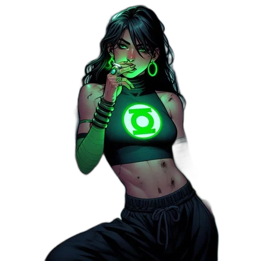 comic book art, concept art, fantasy art, pixel art, neon lights, green, young, woman transparent PNG cut-out