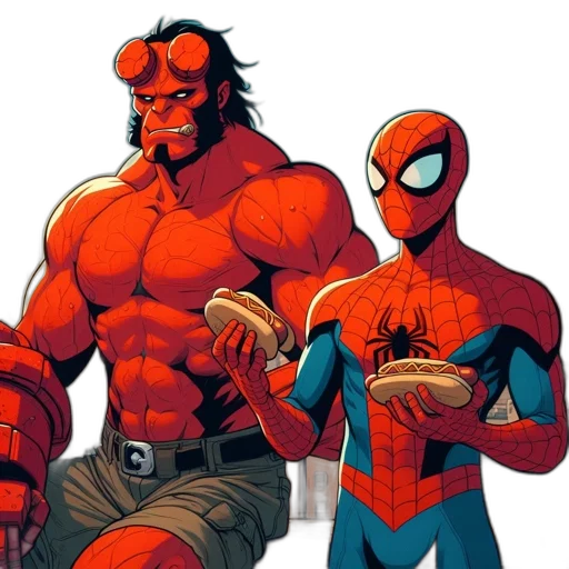 comic book art, concept art, red, two, characters, horned, figure, possibly transparent PNG cut-out