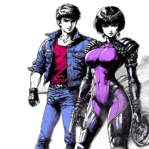 comic book art, concept art, cyberpunk, vaporwave, two, individuals, one, male transparent PNG cut-out
