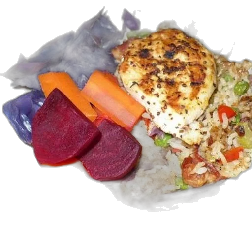 food, plate, featuring, fork, piece, chicken, rice, vegetables transparent PNG cut-out