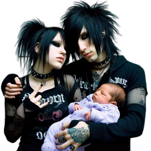 hair, photorealistic, gothic, couple, holds, baby, near, white transparent PNG cut-out