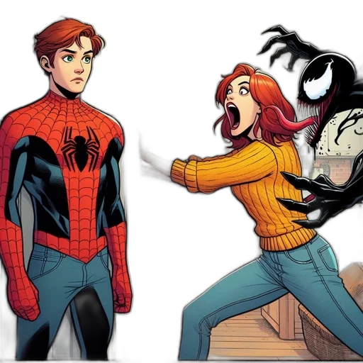 comic book art, concept art, cartoon, comic-styled, domestic, scene, costumed, hero transparent PNG cut-out
