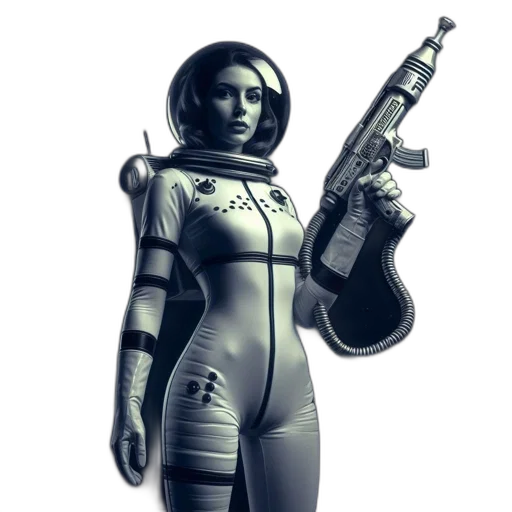 robot, weapon, concept art, cyberpunk, 3d render, comic book art, outer space, woman transparent PNG cut-out