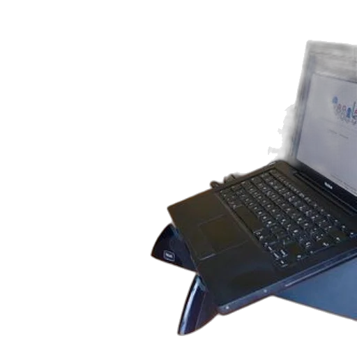 staff, black, dog, sits, next, laptop, desk, speaker transparent PNG cut-out