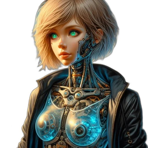 robot, jewelry, jacket, dress, cyberpunk, fantasy art, concept art, comic book art transparent PNG cut-out
