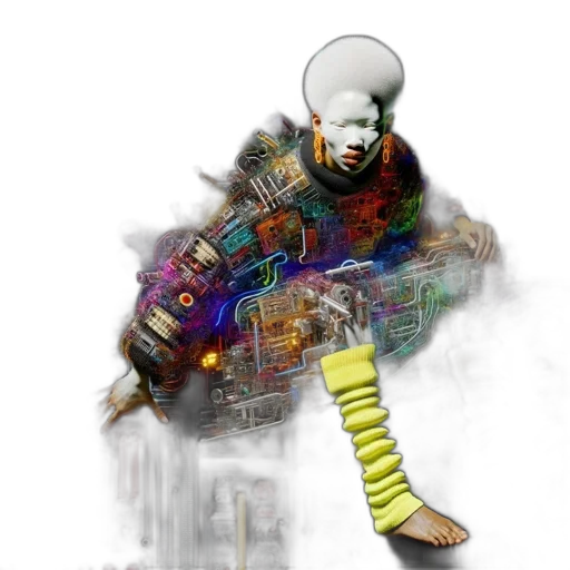 jacket, robot, mask, weapon, concept art, cyberpunk, comic book art, pixel art transparent PNG cut-out