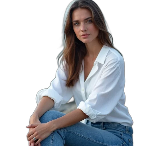 jewelry, jacket, face, staff, photorealistic, oil painting, woman, sitting transparent PNG cut-out