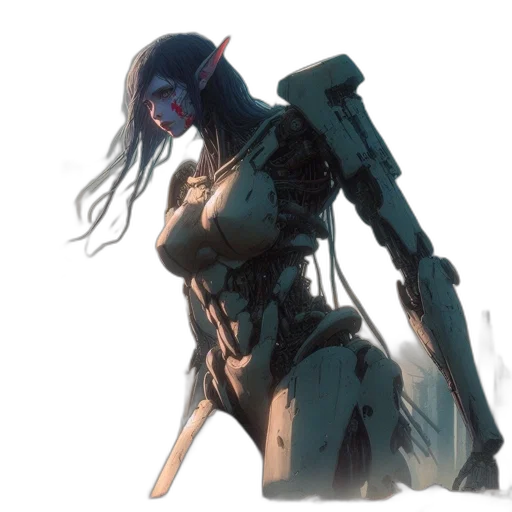 weapon, robot, staff, concept art, cyberpunk, fantasy art, comic book art, blue transparent PNG cut-out