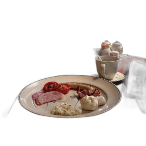 food, breakfast, table, plate, ham, bacon, vegetables, accompanied transparent PNG cut-out