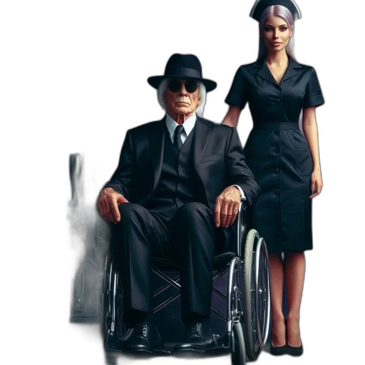 dress, concept art, photorealistic, 3d render, elderly, man, wheelchair, rifle transparent PNG cut-out