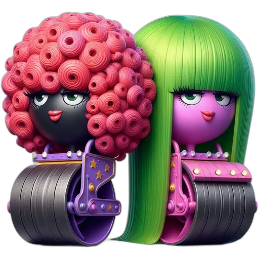 hair, car, concept art, 3d render, cartoon, photorealistic, two, characters transparent PNG cut-out