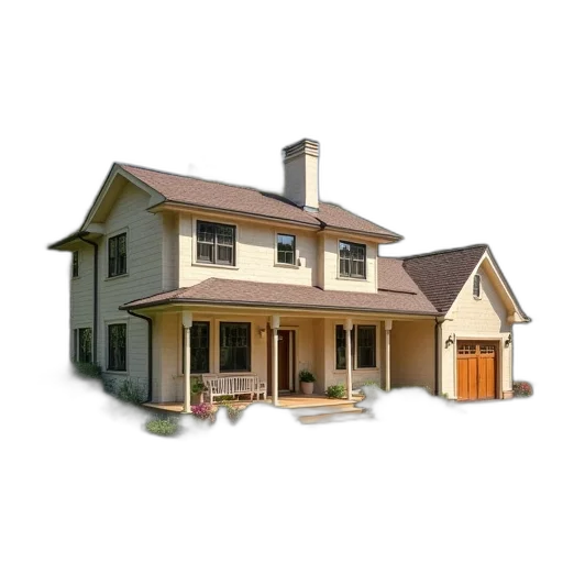 building, furniture, 3d render, photorealistic, concept art, pixel art, earth tones, two-story transparent PNG cut-out